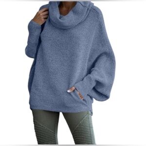 Cowl Neck Blue Sweater Women's MED Cotton Blend Kangaroo Pocket